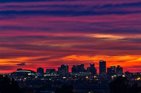 Sunset Over The Downtown Phoenix Arizona Skyline Stock Photo Download