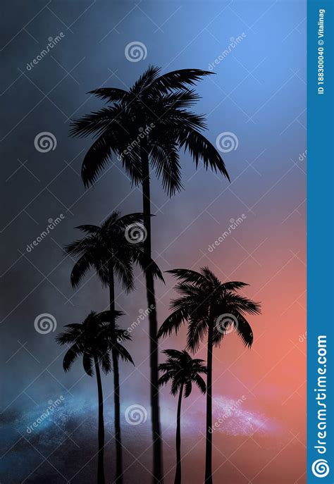 Empty Dark Tropical Background Of Night Sea Beach Neon Light City