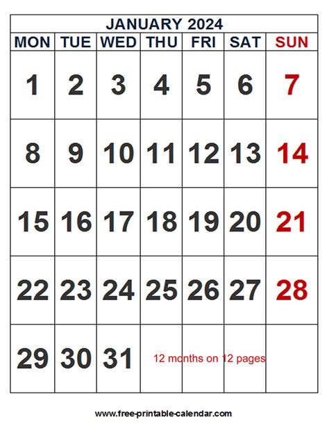 2024 Calendar Word Template Free Printable