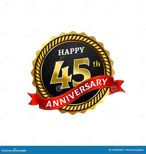 Happy 45 Years Anniversary Golden Badge Logo With Ring And Ribbon Stock