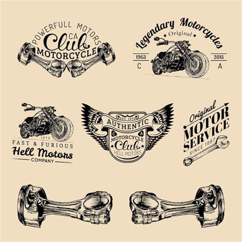 Vintage Biker Club Signs Motorcycle Repair Logos Set Retro Hand