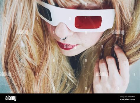 Young Woman Wearing Vintage 3d Glasses Stock Photo Alamy