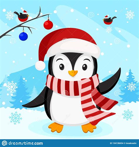 Penguin In A Hat And Scarf On The Background Of Winter Nature Stock Vector Illustration Of