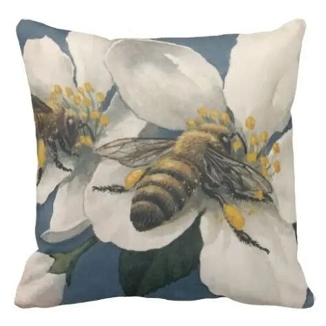 Bee With Flower Pattern Canvas Cushion Cover Cute Bee Throw Pillow