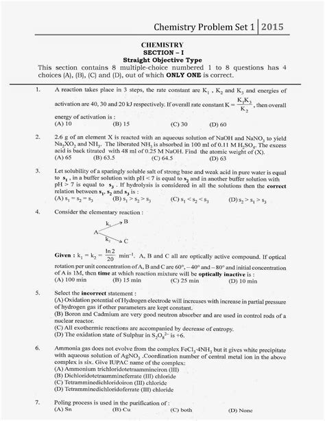 Problem Set For Jee Mains Advanced Mock Test Series Chemistry Set