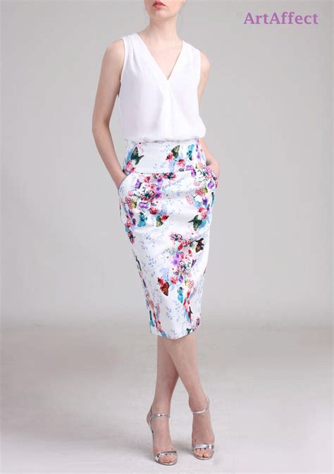 white high waist pencil skirt with pocket floral white skirt