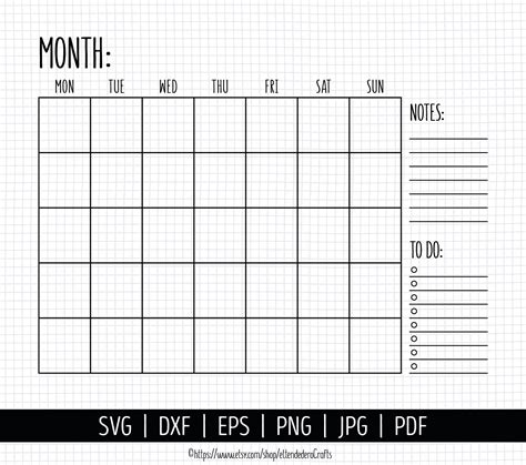 Blank Calendar Svg Digital Monthly Calendar Vector Cut Files Etsy
