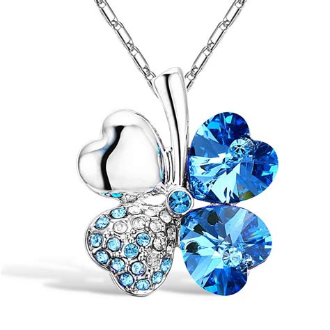 Blue Four Heart Clover Necklace With Swarovski Crystals 24 Style