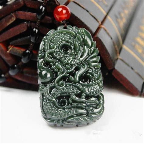 Natural Dark Green HETIAN Jade Pendant Carved Chinese Dragon Lucky