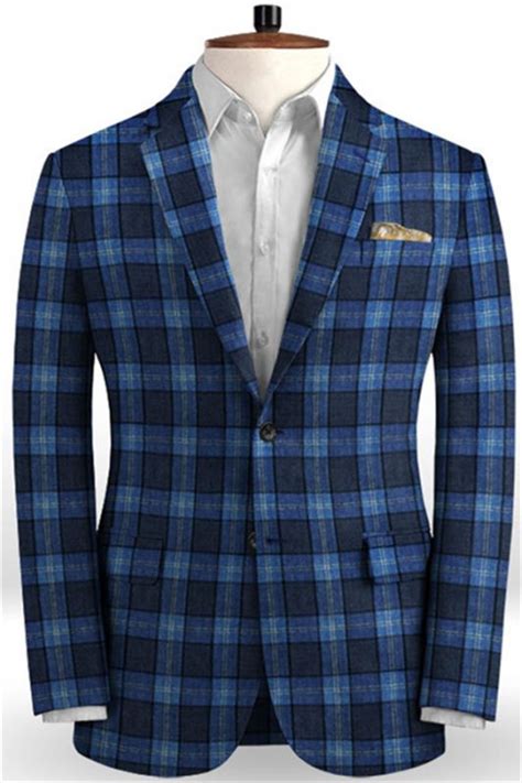 Bespoke Blue Plaid Linen Men Suits Formal Business Tuxedo With Two