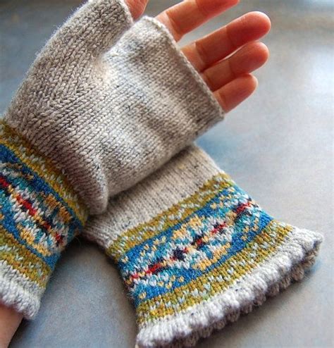 Knit To Order Fair Isle Fingerless Gloves Grey Tweed Wool Blue Etsy