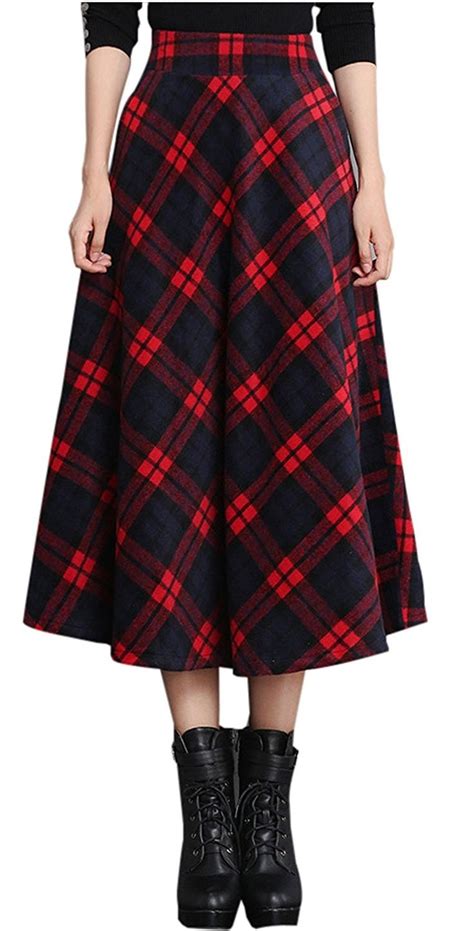 women s high waist a line flared plaid long skirt winter fall warm woollen skirt red