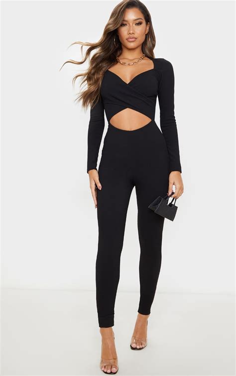Black Rib Cross Over Long Sleeve Jumpsuit Prettylittlething Il
