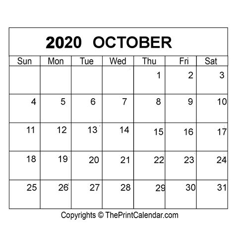 Printable Calendar October 2020 Printable Templates