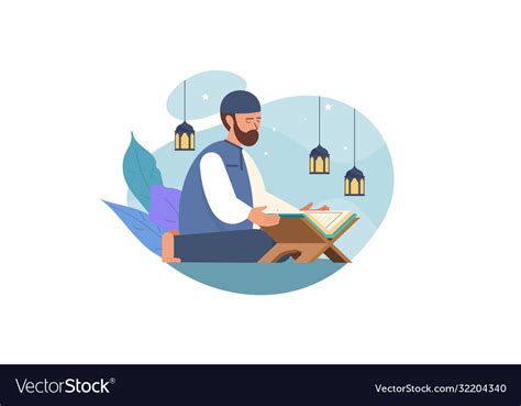 Muslim Man Reading Quran Islamic Holy Book Vector Image