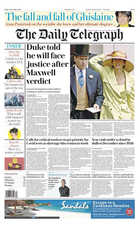 Daily Telegraph Front Page 31st Of December 2021 Tomorrow S Papers Today