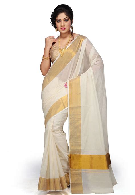 Off White Pure Cotton Kerala Kasavu Saree With Blouse Spn2177 Kerala