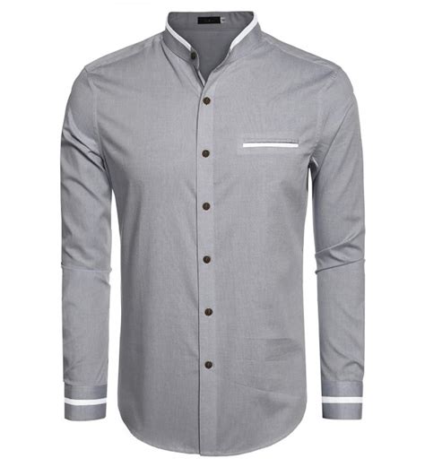mens casual long sleeve mandarin collar button down shirt gray cp1855067c2