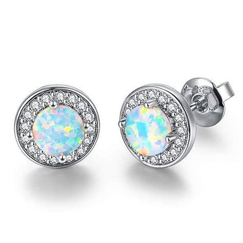 200 Ct Opal Created Round Halo Stud Earrings In 18k White Gold Plated