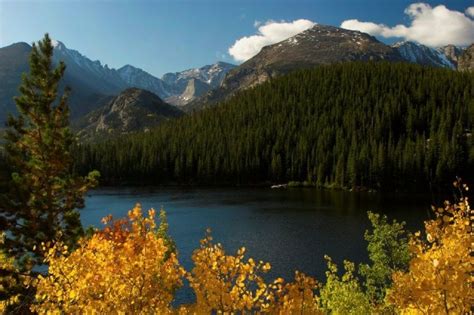 Rocky Mountains Trees And Blue Skies Reflecting In Still Waters Of