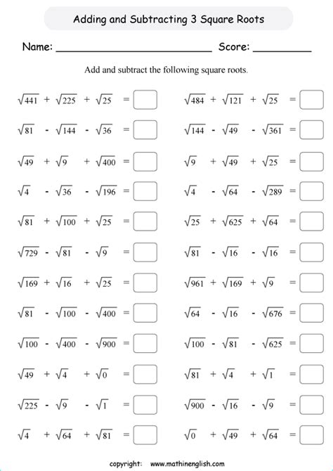 Add Or Subtract 3 Perfect Square Roots Math Worksheet Or Grade 6