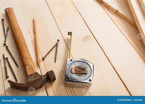 Carpentry Tools On Wooden Background Stock Photo Image Of Handyman