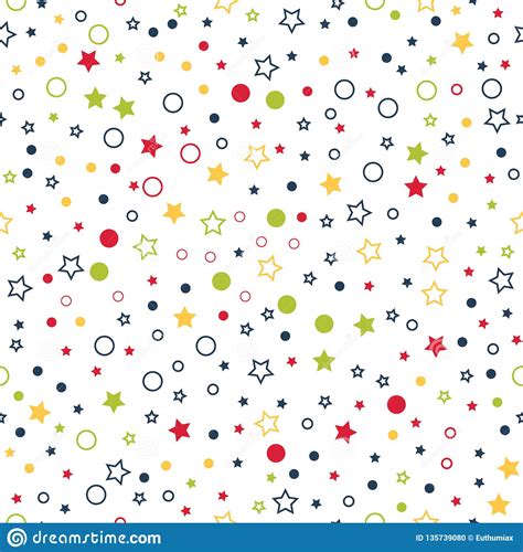 Seamless Vector Pattern With Multicolor Stars Circles And Dots On