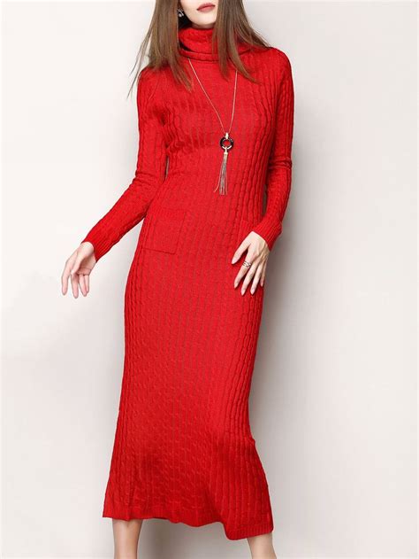 Red Plain Long Sleeve Turtleneck Pockets Sweater Dress Clothes For