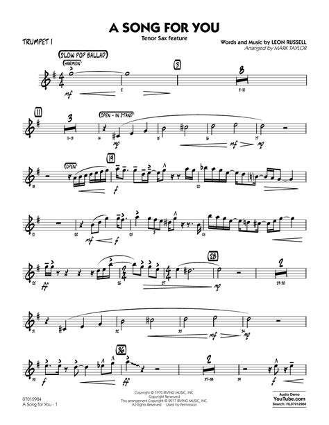 On jellynote you'll find everything from easy trumpet sheet music to arrangements for advanced trumpeters. Mark Taylor "A Song for You (Tenor Sax Feature) - Trumpet 1" Sheet Music PDF Notes, Chords | Pop ...