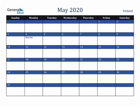 May 2020 Monthly Calendar With Ireland Holidays
