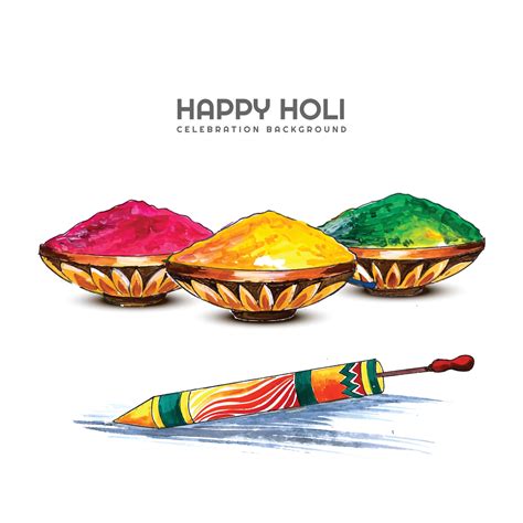 Hand Draw Colorful Gulal In Earthen Bowl For Happy Holi Card Background