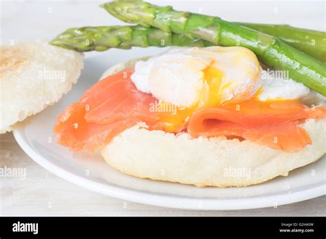 Close Up Of English Muffin With Poached Egg Stock Photo Alamy
