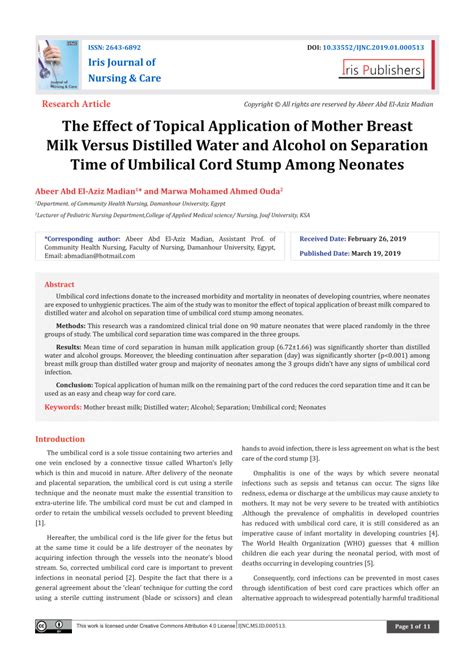 Pdf The Effect Of Topical Application Of Mother Breast Milk Versus Distilled Water And Alcohol