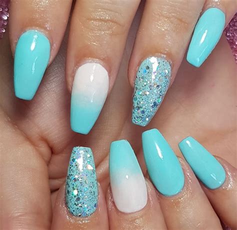 Aqua Blue And White Ombre With Glitter On Acrylic Sculpted Nails