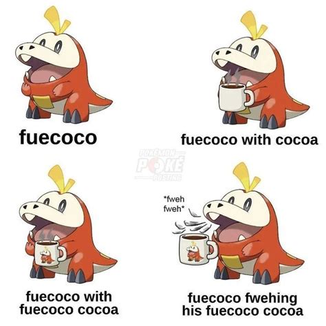 Four Different Types Of Cartoon Characters Holding Coffee Mugs With Captions About Fuecoco And
