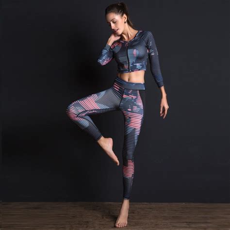 New Sport Suit Print Fitness Suit Leggings Breathable Yoga Set 2 Piece Zipper Sportswear T Shirt