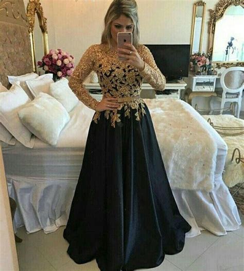 Modest Black And Gold Long A Line Long Sleeves Lace Prom Gownsevening