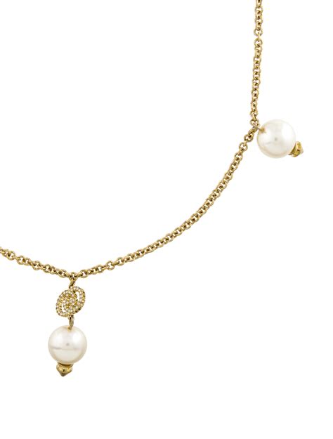 Gucci Faux Pearl Interlocking G Station Necklace Gold Tone Metal