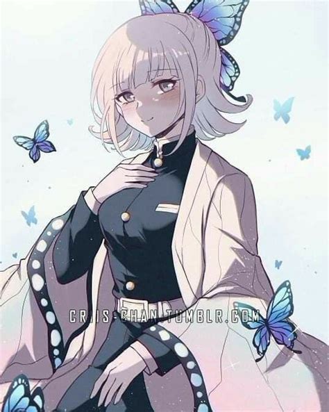 An Anime Girl With White Hair And Blue Butterflies On Her Head Sitting