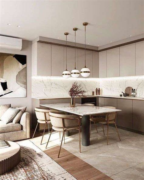 A Kitchen And Living Room Are Shown In This Modern Style Home With