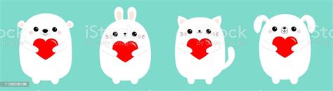 Happy Valentines Day White Cat Kitten Bear Dog Puppy Rabbit Hare Set