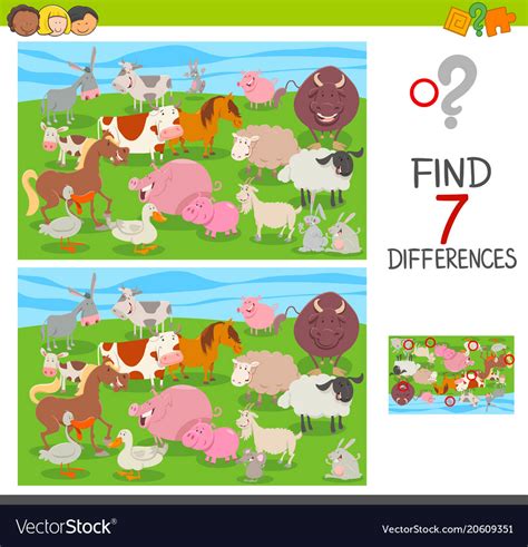 Find Differences Game With Farm Animals Group Vector Image