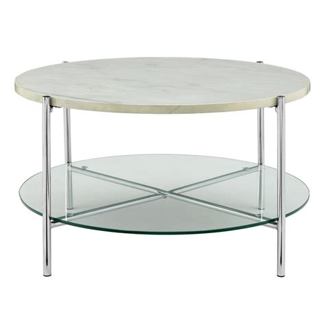 Round White Coffee Table In Faux Marble With Glass Shelf Foster