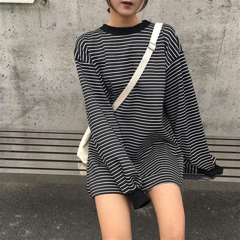 Itgirl Shop Oversized Long White Stripes Long Sleeve Black Sweatshirt