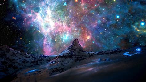 Stars Mountain Space Nebula Landscape Wallpapers Hd