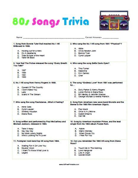 There are lots of awesome trivia board games for adults and kids that cover many different areas of interests. Free Printable 80s Songs Trivia in 2020 | 80s songs, 80s music trivia, Movie trivia questions