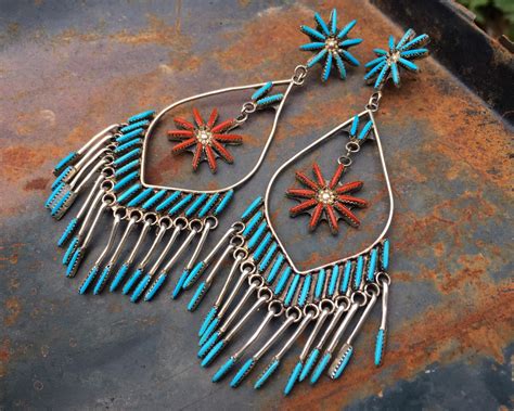 Long Large Turquoise Coral Zuni Needlepoint Chandelier Earrings