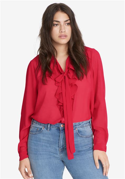 Ruffle Front Tie Neck Sheer Blouse By Ellos Roaman S