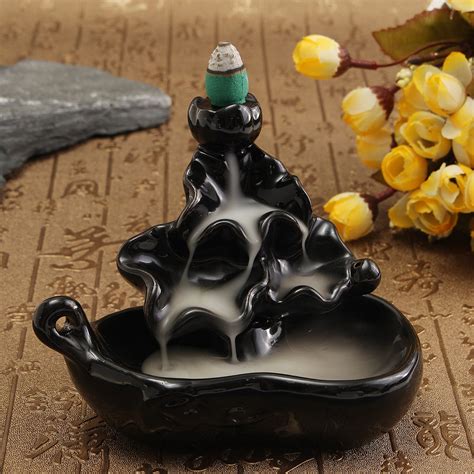 Waterfall Porcelain Backflow Ceramic Cone Incense Burner Holder Buddhist Black