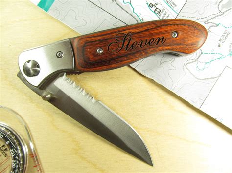 Engraved Wood Handle Pocket Knife with 4 Inch Half Serrated